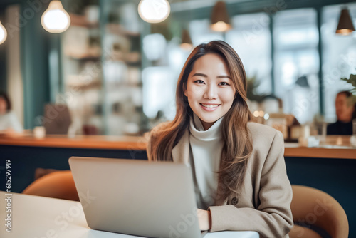 A happy Asian office girl working on her laptop in a cozy cafe  with a blurred background adding to the serene atmosphere. generative Ai.