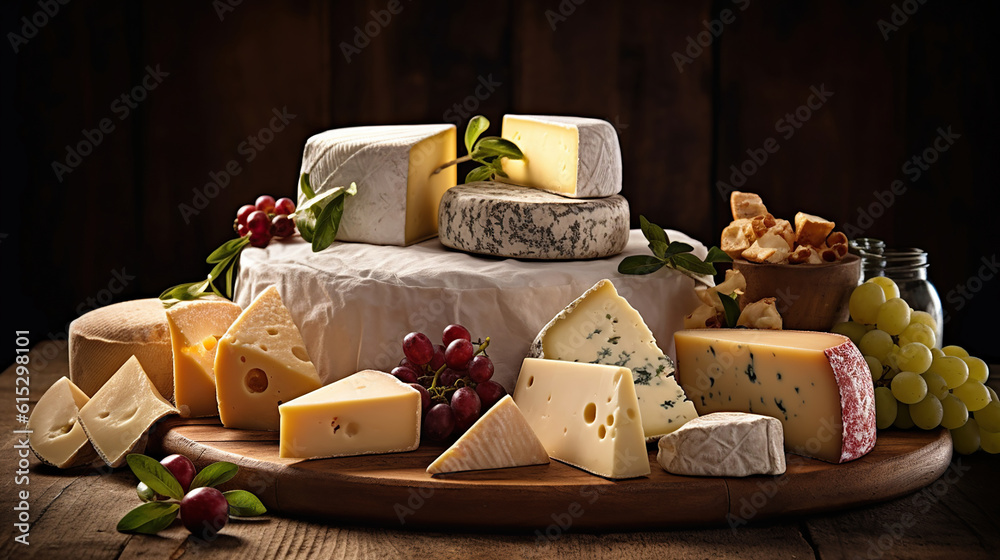 Various kind of cheese served on wooden table, traditional pieces of french and italy hand-made cheese. Generative Ai