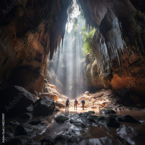 Backpackers hiking against waterfall in cave. Generative AI.