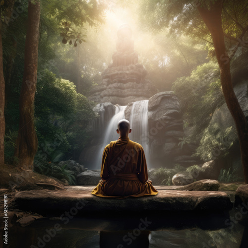 Buddha monk practice meditation with waterfallGenerative ai