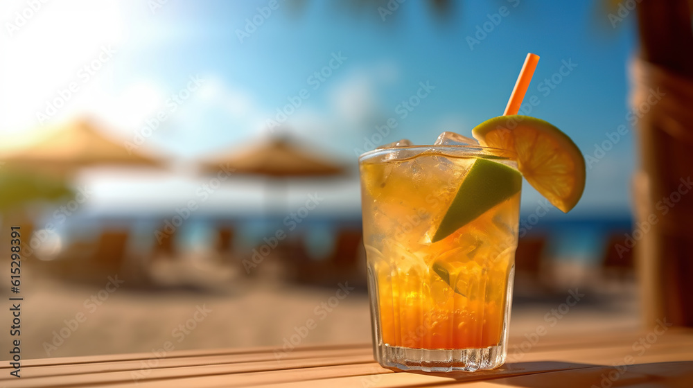 Exotic summer drinks, blur sandy beach on background. Generative Ai Exotic summer drinks, blur sandy beach on background. Generative Ai