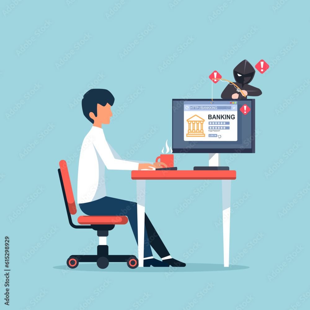 Phishing by email. hacker attacks a Laptop with a fake website. fraud scam and steal private data on devices. vector illustration flat design for cyber security awareness concept. Phishing by email. hacker attacks a Laptop with a fake website. fraud scam and steal private data on devices. vector illustration flat design for cyber security awareness concept.