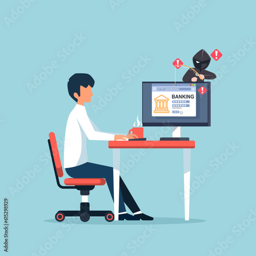 Phishing by email. hacker attacks a Laptop with a fake website. fraud scam and steal private data on devices. vector illustration flat design for cyber security awareness concept.