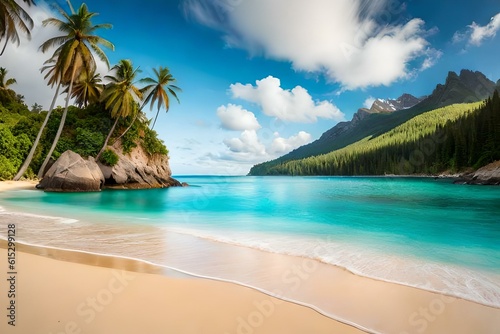 Pristine beach with crystal-clear turquoise water and palm trees © DESIRED_PIC