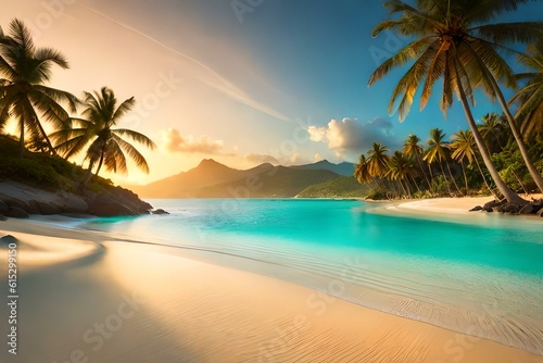 Pristine beach with crystal-clear turquoise water and palm trees