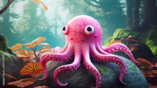 Fabulous pink forest octopus on a stone in the forest. AI generation  © Olmyntay