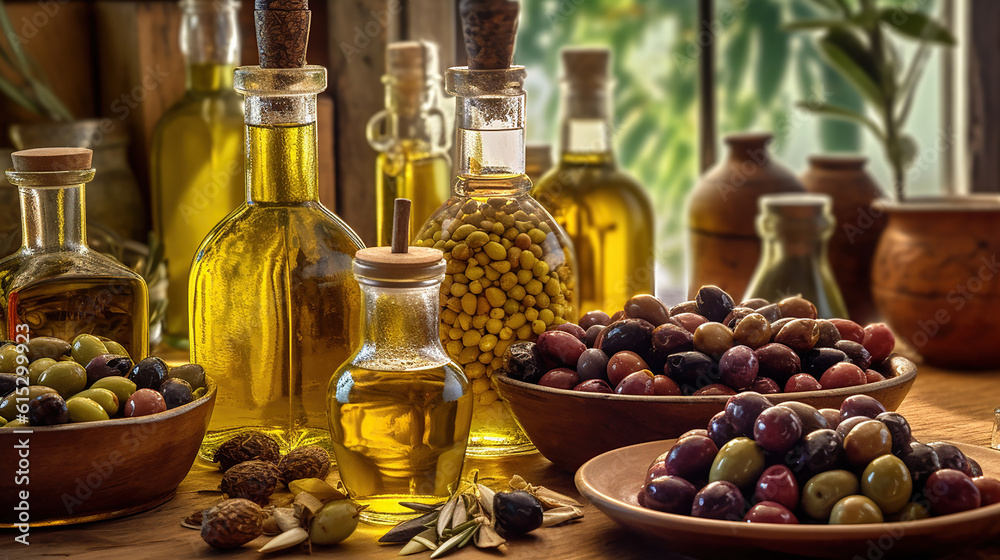 Freshly harvested olives berries in wood bowls and pressed oil in glass bottles. Generative Ai Freshly harvested olives berries in wood bowls and pressed oil in glass bottles. Generative Ai