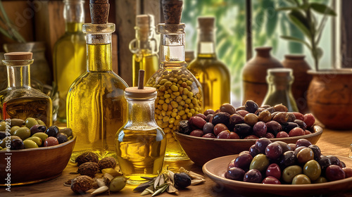 Freshly harvested olives berries in wood bowls and pressed oil in glass bottles. Generative Ai