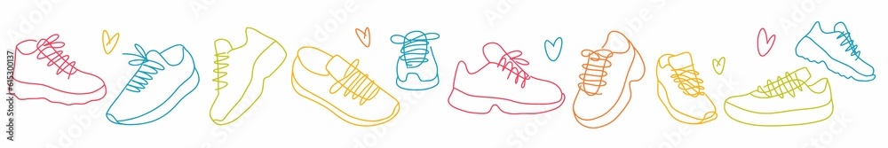 Horizontal illustration from a collection of various sneakers, the shoes are hand-drawn in the style of sneakers - obrazy, fototapety, plakaty 