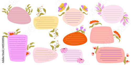Aesthetic Memo Notebook set with flower paper frame for text. Planner sticker element sticky. Flat vector illustration. Cute Notes planner page.