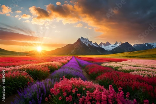 Field of blooming wildflowers in various vibrant colors