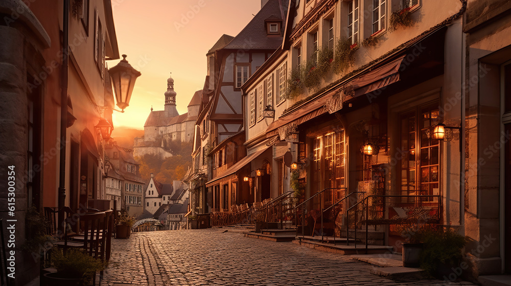 Old town in Europe at sunset with retro vintage. Generative Ai
