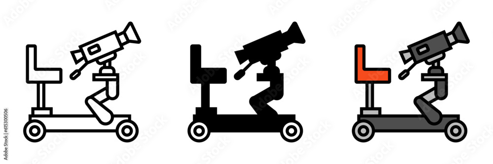 Camera Dolly Icon, an icon representing a camera dolly, a device used in filmmaking to achieve smooth camera movements. Camera Dolly Icon, an icon representing a camera dolly, a device used in filmmaking to achieve smooth camera movements.