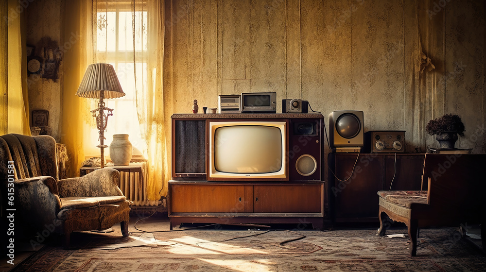 Retro living room design with old television, cabinet and radio