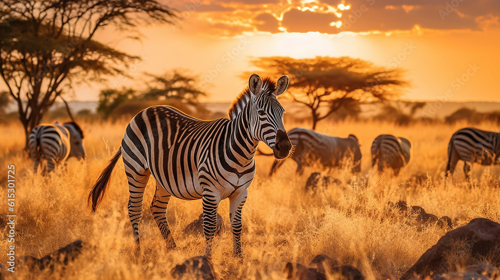 Naklejka premium Zebra at sunset in the Serengeti National Park. Generative Ai
