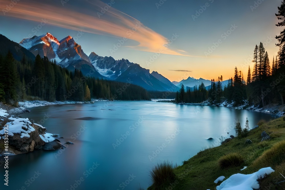 Majestic mountain range with snow-capped peaks and a winding river flowing through the valley