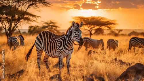 Zebra at sunset in the Serengeti National Park. Generative Ai