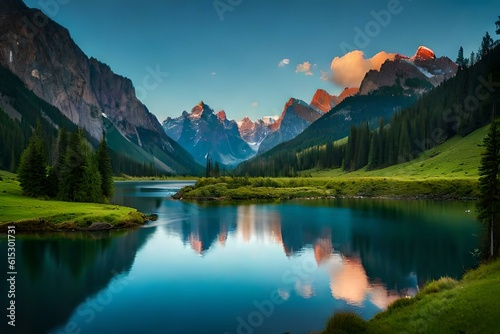 Majestic mountain range with snow-capped peaks and a winding river flowing through the valley