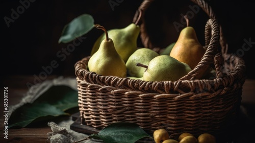Closeup fresh pear in bamboo basket with blur background