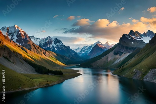 Majestic mountain range with snow-capped peaks and a winding river flowing through the valley