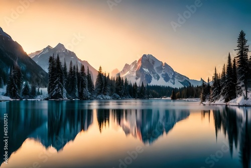 Majestic mountain range with snow-capped peaks and a winding river flowing through the valley