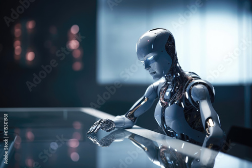 AI Robot Sitting in Office at Desk in a Meeting Waiting Science Military Army Soldier Defense Technology Business Generative AI © illuminating images