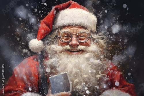 Santa Claus christmas art Merry Christmas and Happy Holidays greeting card, frame, banner. New Year. Winter xmas holiday theme. Generative AI © PinkiePie