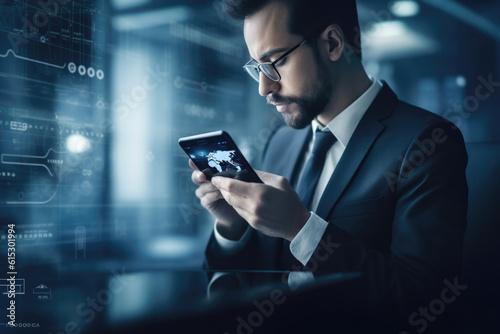 Businessman With Glasses Reading Tablet In Office Studying Data Generative AI  © illuminating images