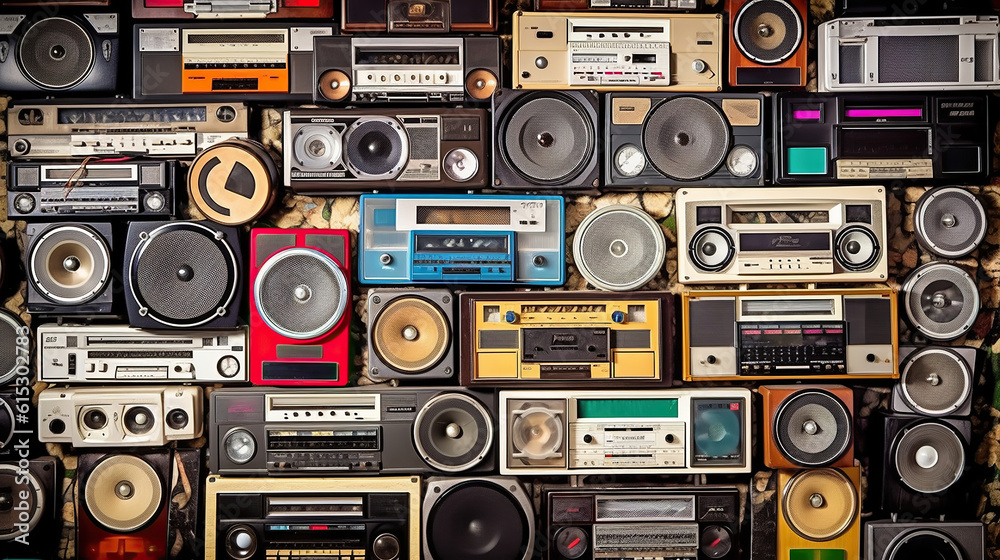 Obraz premium Vintage wall full of radio boombox of the 80s. Generative Ai
