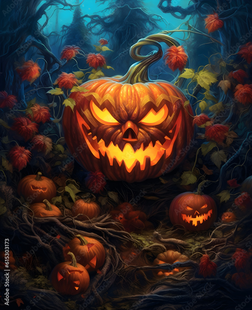 Halloween Pumpkin Lantern Is Smiling With Dark Background, Generative AI