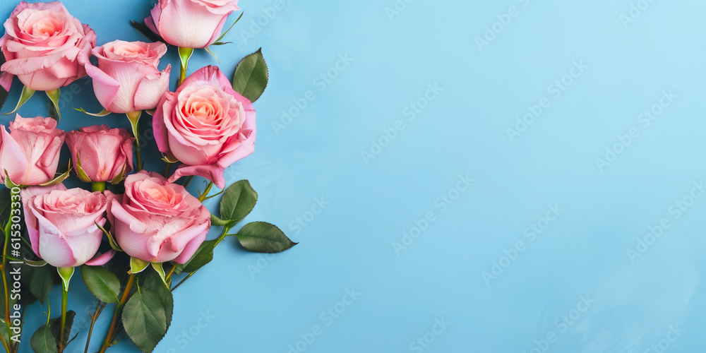 Pink roses on blue background top view with copy space for text. Generative AI Pink roses on blue background top view with copy space for text. Generative AI