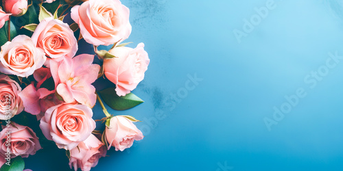 Pink roses on blue background top view with copy space for text