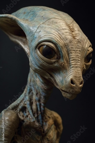 Generative AI Close up of an alien figurine on a dark background with copy space.