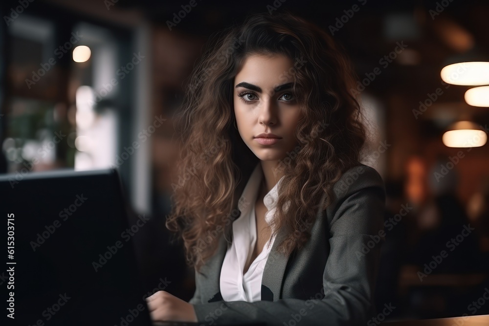 Portrait of a young businesswoman working with laptop in cafe. Generative AI