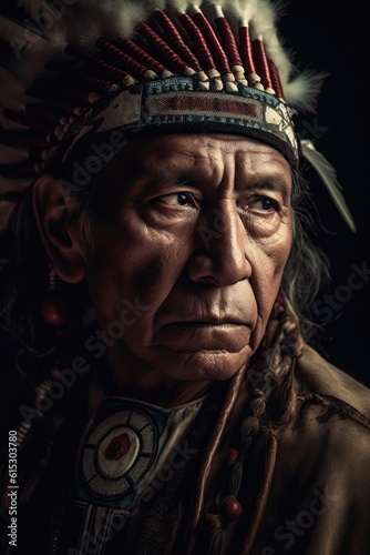 Portrait of an old man in the traditional costume of Native American. Generative AI