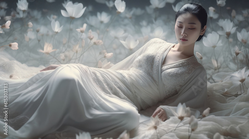 Beautiful asian woman in white dress lying on the flowers field, Generative AI