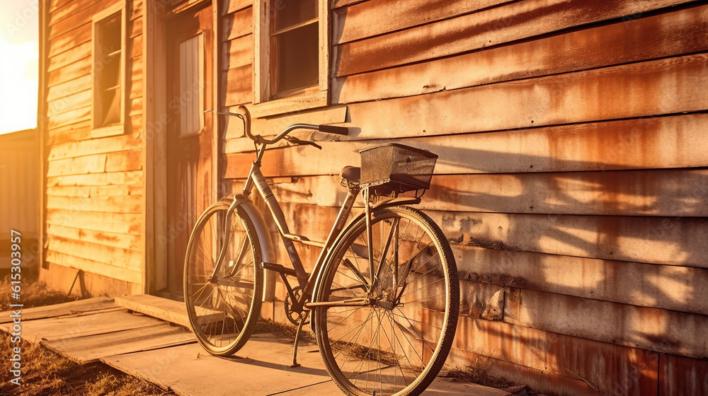 vintage bicycle on vintage wooden house wall. Generative Ai