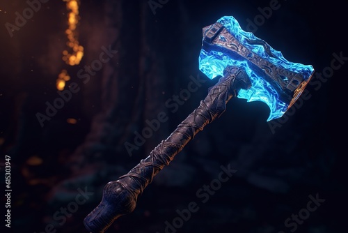 Fantasy medieval battle axe on a dark background.Generative Ai photo