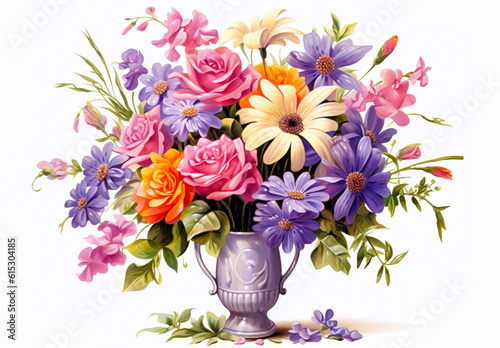Bouquet of flowers isolated on white background. Hand-drawn illustration. Generative AI  © NORN