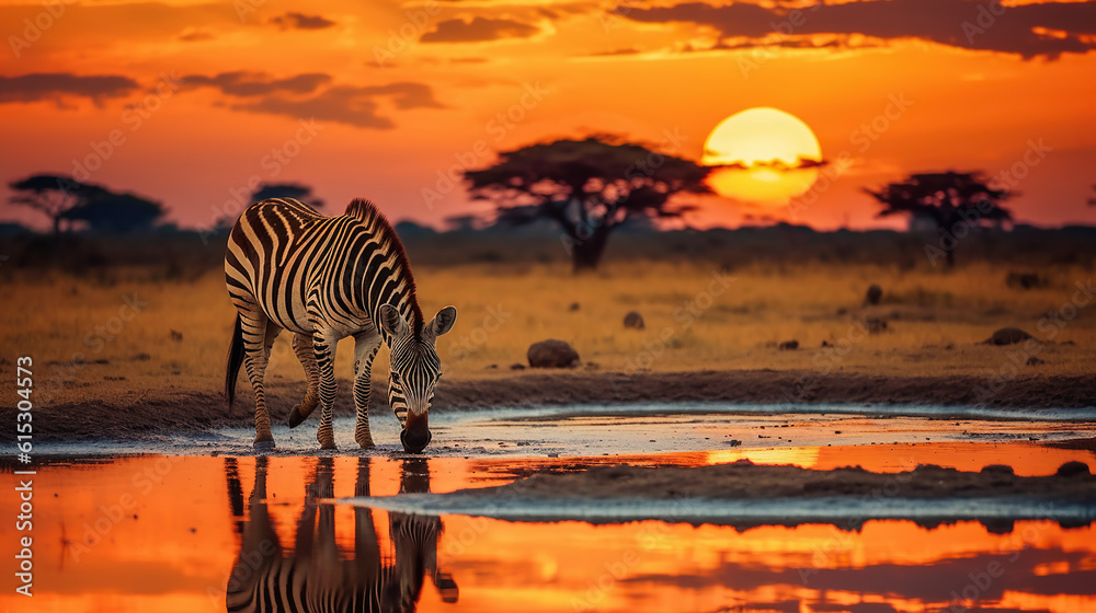 Zebra at sunset in the Serengeti National Park. Generative Ai - obrazy, fototapety, plakaty 