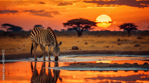 Fotografiet Zebra at sunset in the Serengeti National Park. Generative Ai