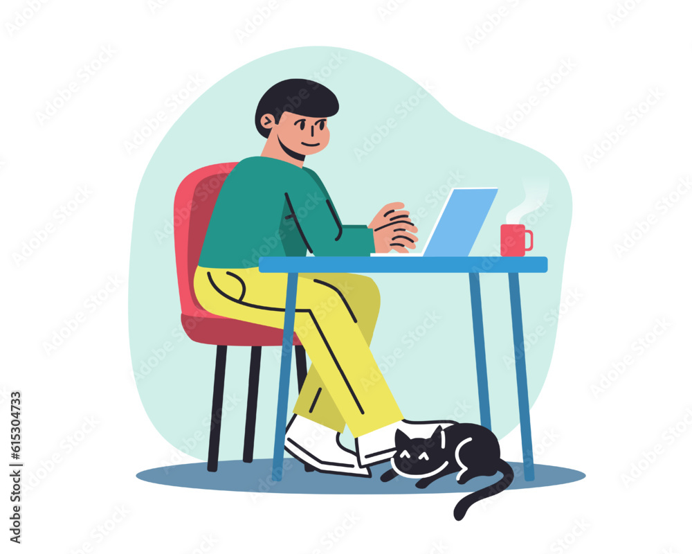 Man sitting at table with coffee and laptop, typing, studying online. Benefits of remote job. Idea of distant work. Modern convenient workplace. Vector illustration in flat design