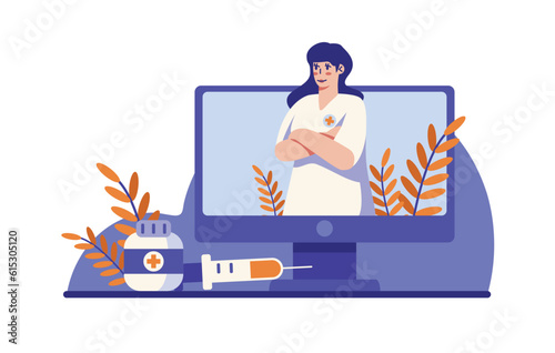Female doctor in white coat on monitor providing online medical help. Professional online medicine. Modern healthcare services via video call meeting. Vector flat illustration in blue colors