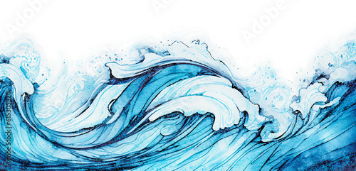 Transparent ocean water wave copy space for text. Isolated blue  teal  turquoise dynamic cartoon wave for ocean beach travel. Web banner  backdrop  background png graphic.