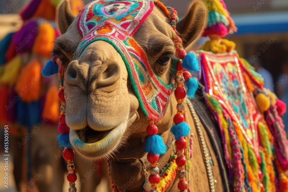 Naklejka premium Beautiful decorated camel smiling. Generative AI