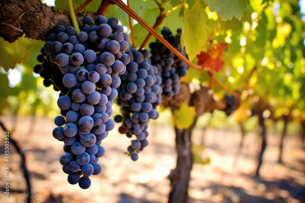 Grapes hanging from lush green vine at vineyard. Generative AI Grapes hanging from lush green vine at vineyard. Generative AI