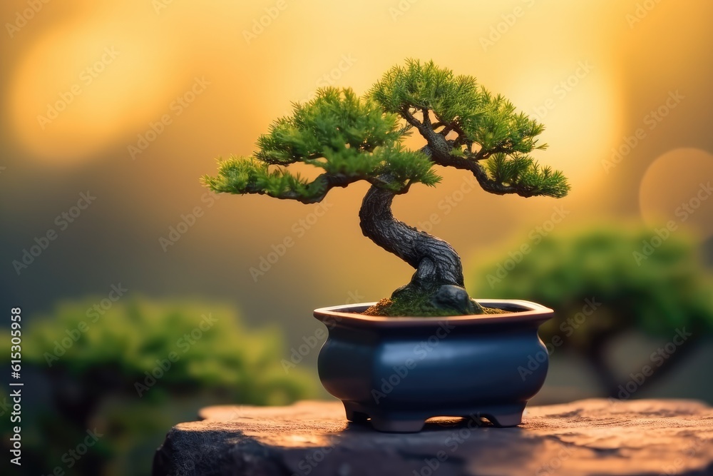 Close up of small bonsai tree with blurred background. Generative AI