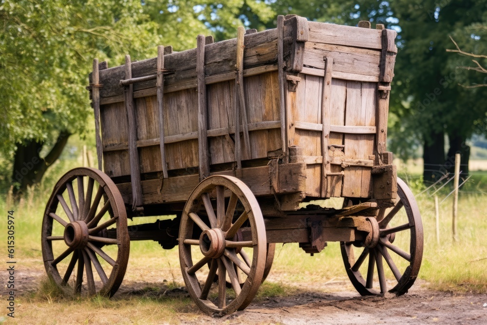 Old wooden rural wagon. Generative AI