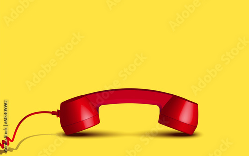 3d red vintage telephone handset receiver communication isolated put down on yellow floor background. Retro analog phone. Old communicate technology. object composition bottom vector illustration