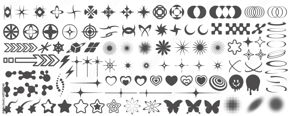 Y2k icons. Retro graphic elements for design. Modern rave symbols. Abstract geometric stars sparkles and futuristic shapes. Vector set of hearts, flowers and planets stickers. Y2k icons. Retro graphic elements for design. Modern rave symbols. Abstract geometric stars sparkles and futuristic shapes. Vector set of hearts, flowers and planets stickers.
